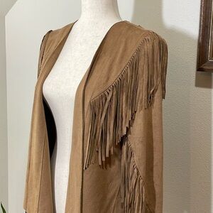 Women’s Cutout Crisscross Fringe Western Style Jacket Overlay Tan Size Small